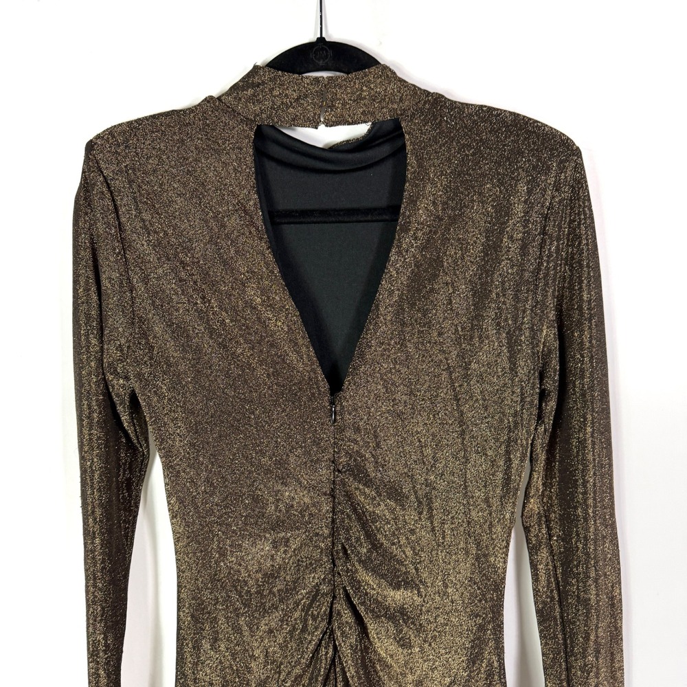 Ramy Brook Amarilys Dress Metallic Gold Shimmer Mock Neck Ruched Midi Sz L - Picture 14 of 15